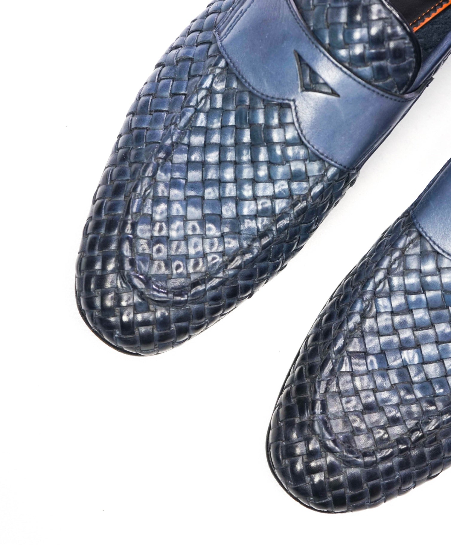 $1,080 SANTONI - Blue Hand Antiqued Woven Penny Loafer - US 9.5 (UK8.5)