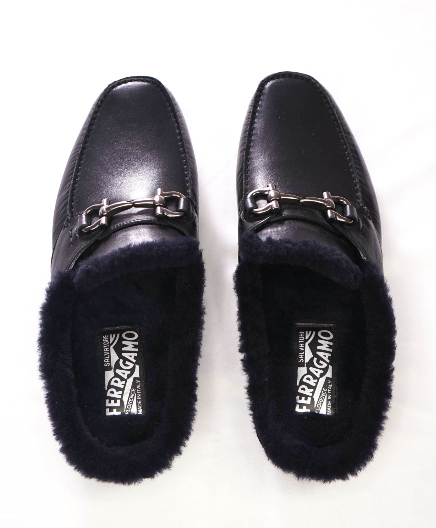 $795 FERRAGAMO - Black Leather Fur Lined Slip on Loafers - 9 M