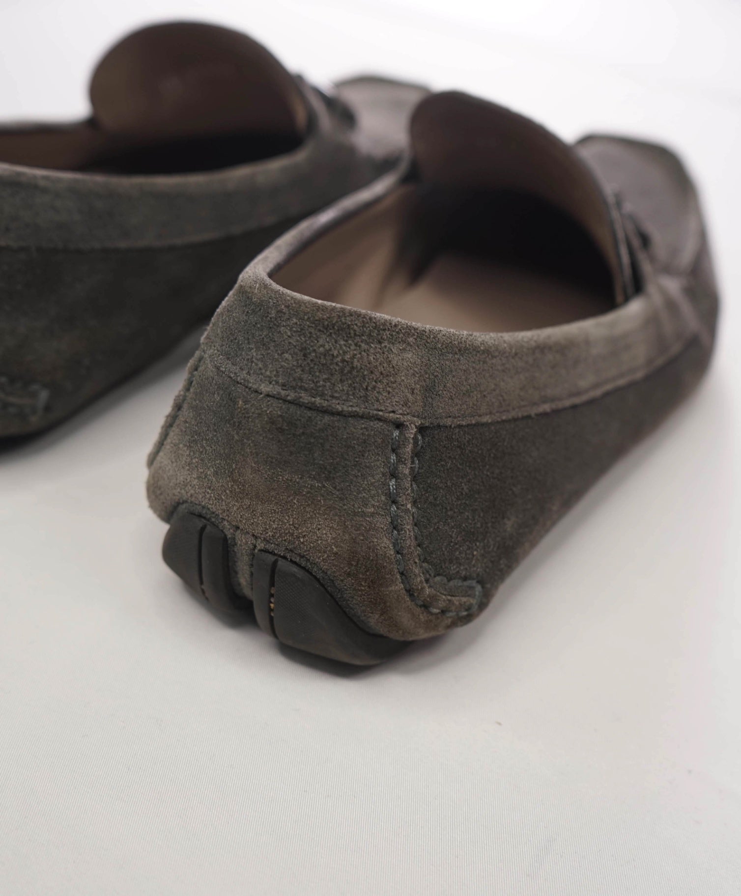 $795 FERRAGAMO - Gray Suede Driving Loafers - 9.5 E