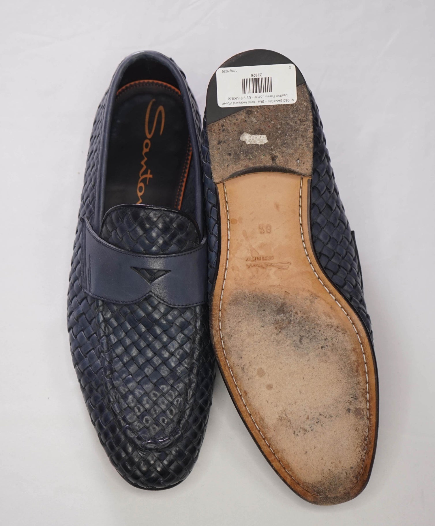 $1,080 SANTONI - Blue Hand Antiqued Woven Penny Loafer - US 9.5 (UK8.5)