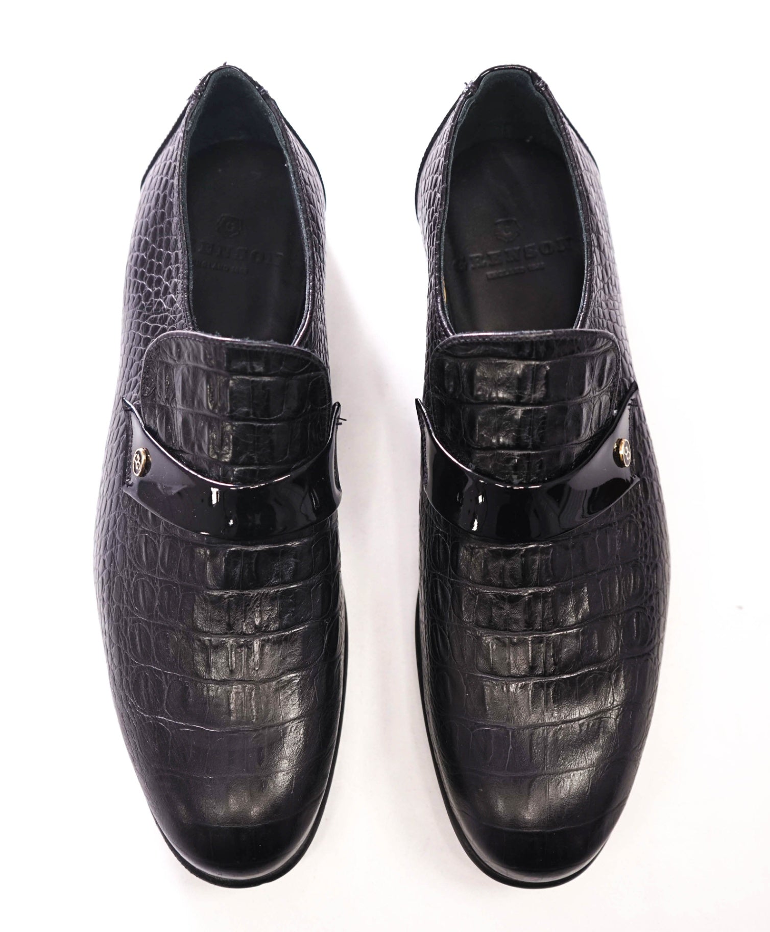 $725 GRENSON - "13" Black Croc Print Leather Loafers - US 10 (9UK)