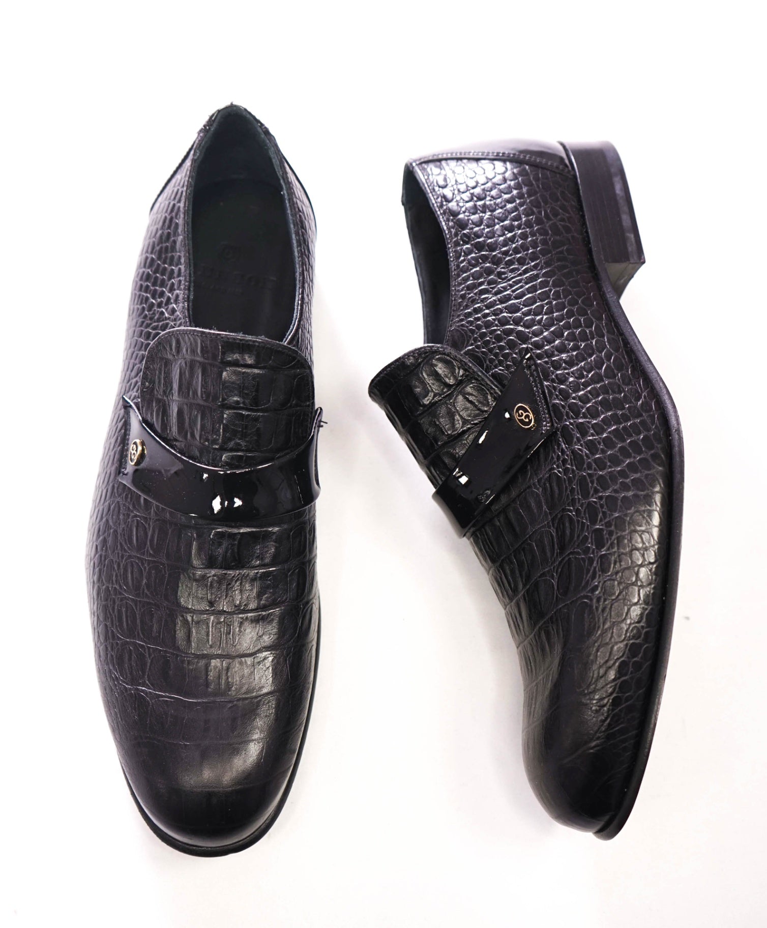 $725 GRENSON - "13" Black Croc Print Leather Loafers - US 10 (9UK)