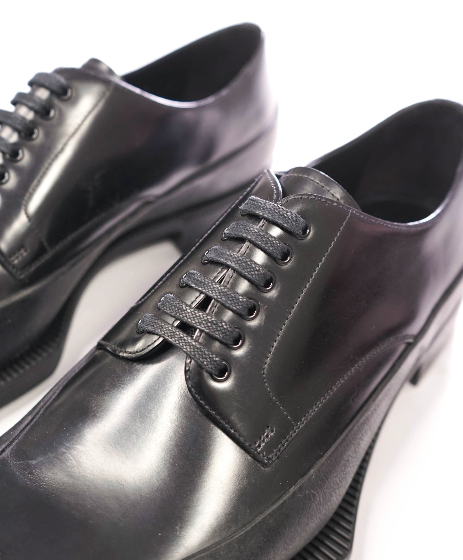 $1,320 PRADA - Black Leather Lug Sole Oxfords - US 13 (12UK)