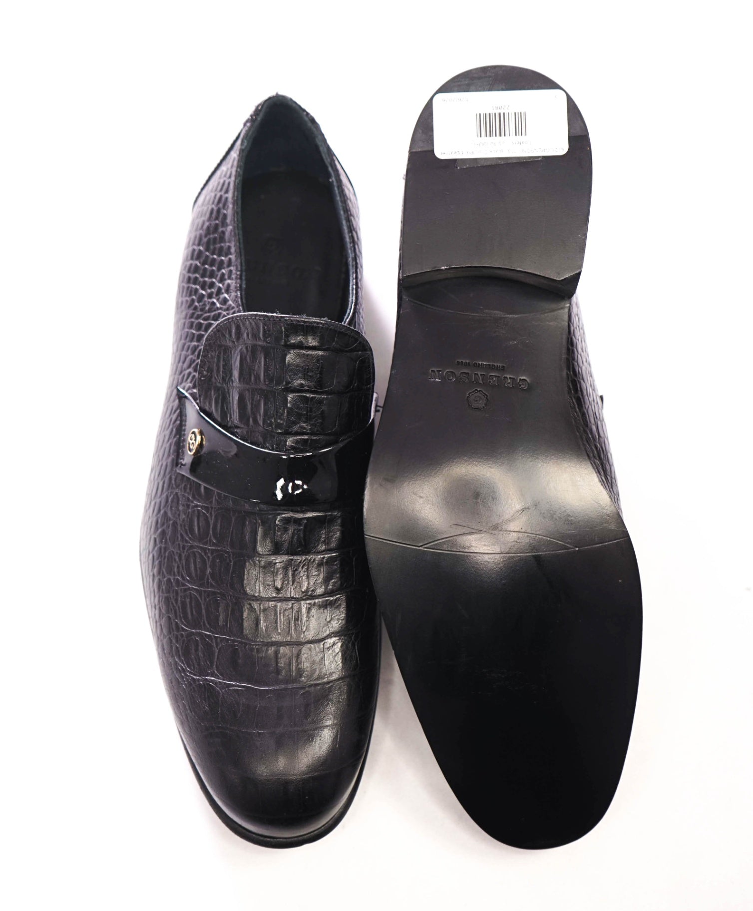 $725 GRENSON - "13" Black Croc Print Leather Loafers - US 10 (9UK)