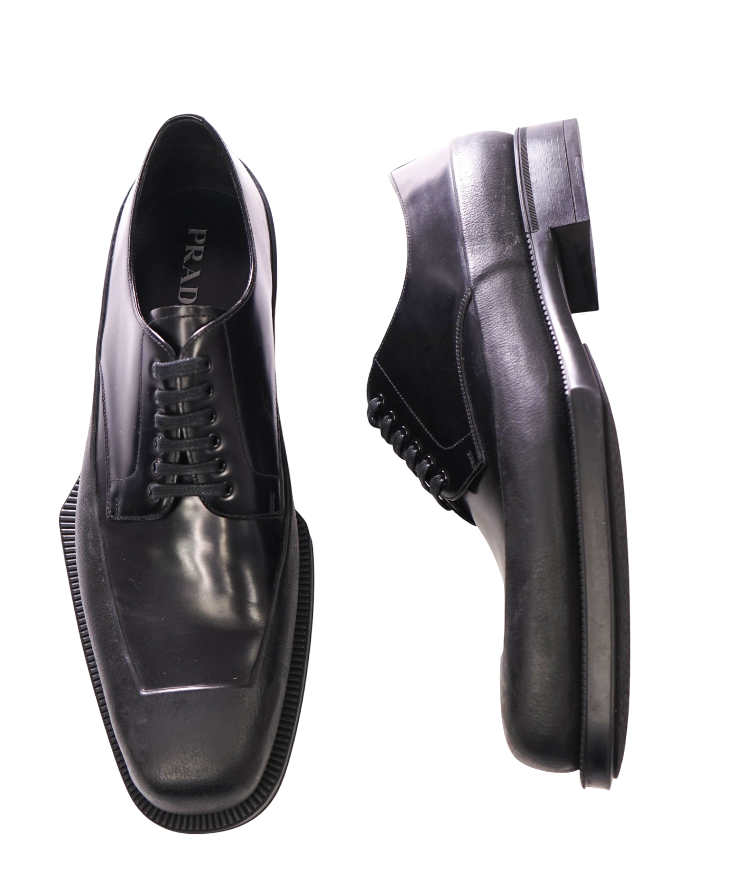 $1,320 PRADA - Black Leather Lug Sole Oxfords - US 13 (12UK)