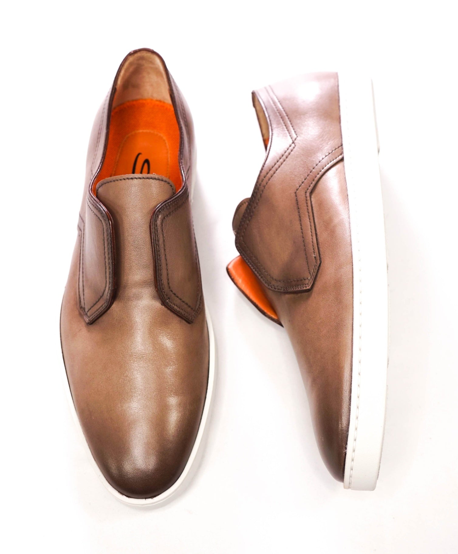 $825 SANTONI - Dark Beige Leather "ICARIUS" Slip on Shoes - US 9.5 (UK8.5)