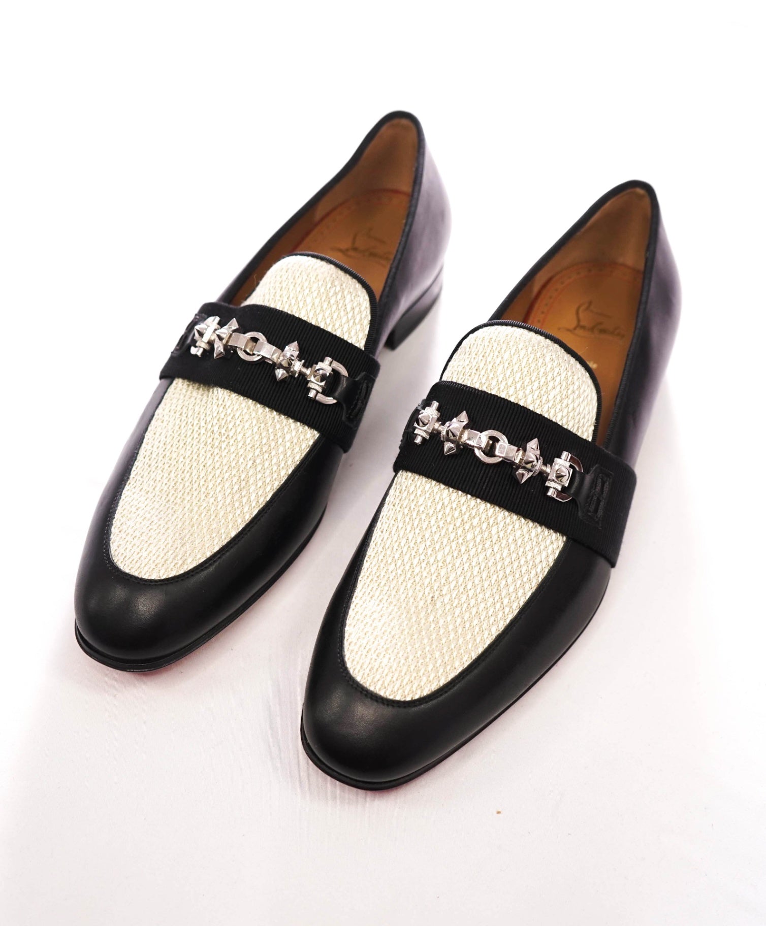 $1,120 CHRISTIAN LOUBOUTIN - Black/Ivory Leather/Fabric Loafers - US 10 (43EU)