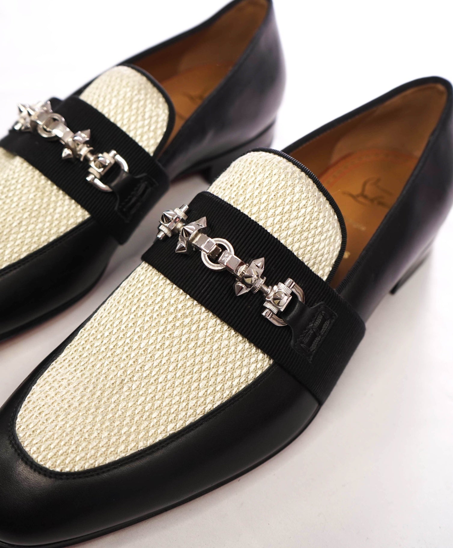 $1,120 CHRISTIAN LOUBOUTIN - Black/Ivory Leather/Fabric Loafers - US 10 (43EU)