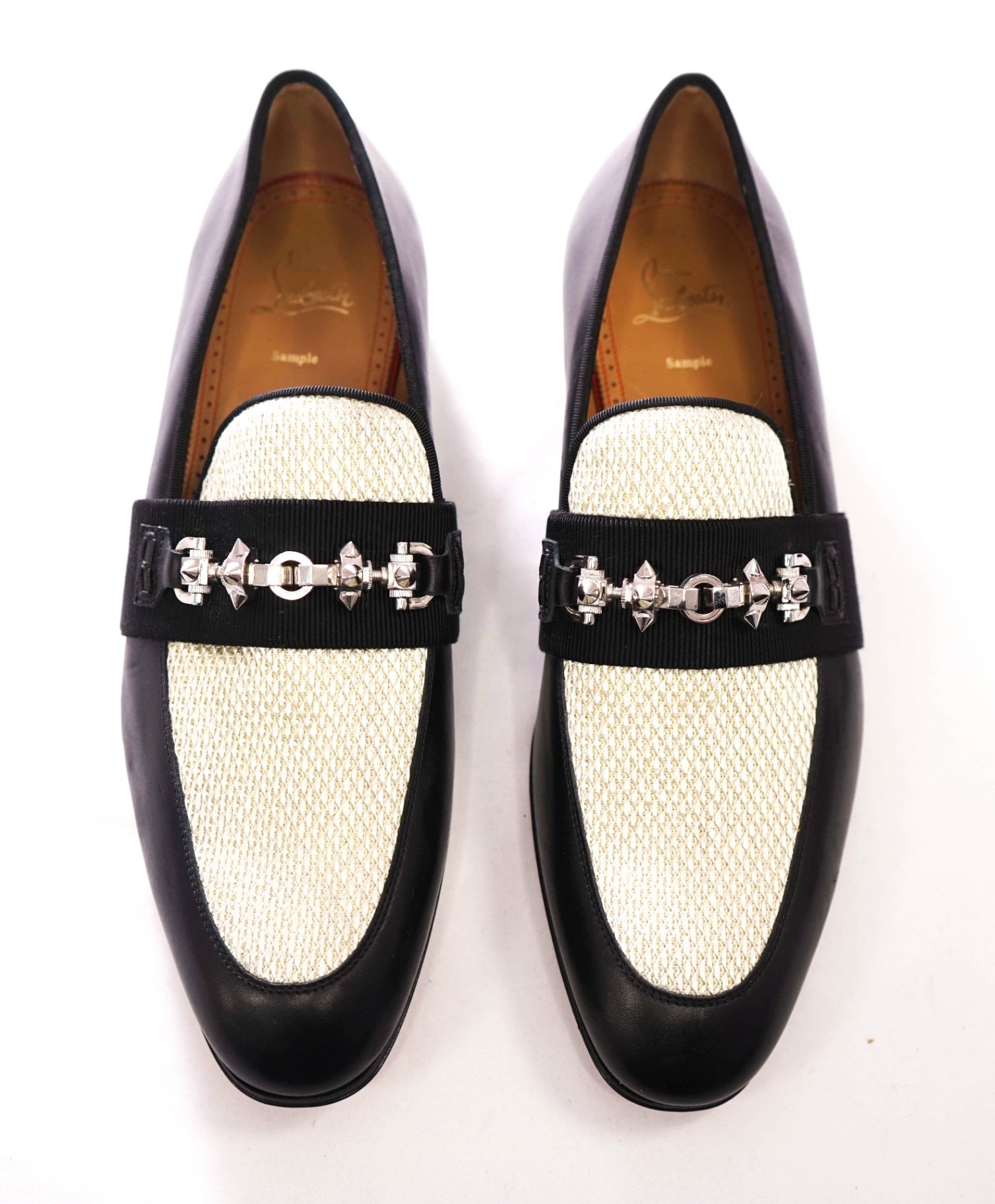 $1,120 CHRISTIAN LOUBOUTIN - Black/Ivory Leather/Fabric Loafers - US 10 (43EU)