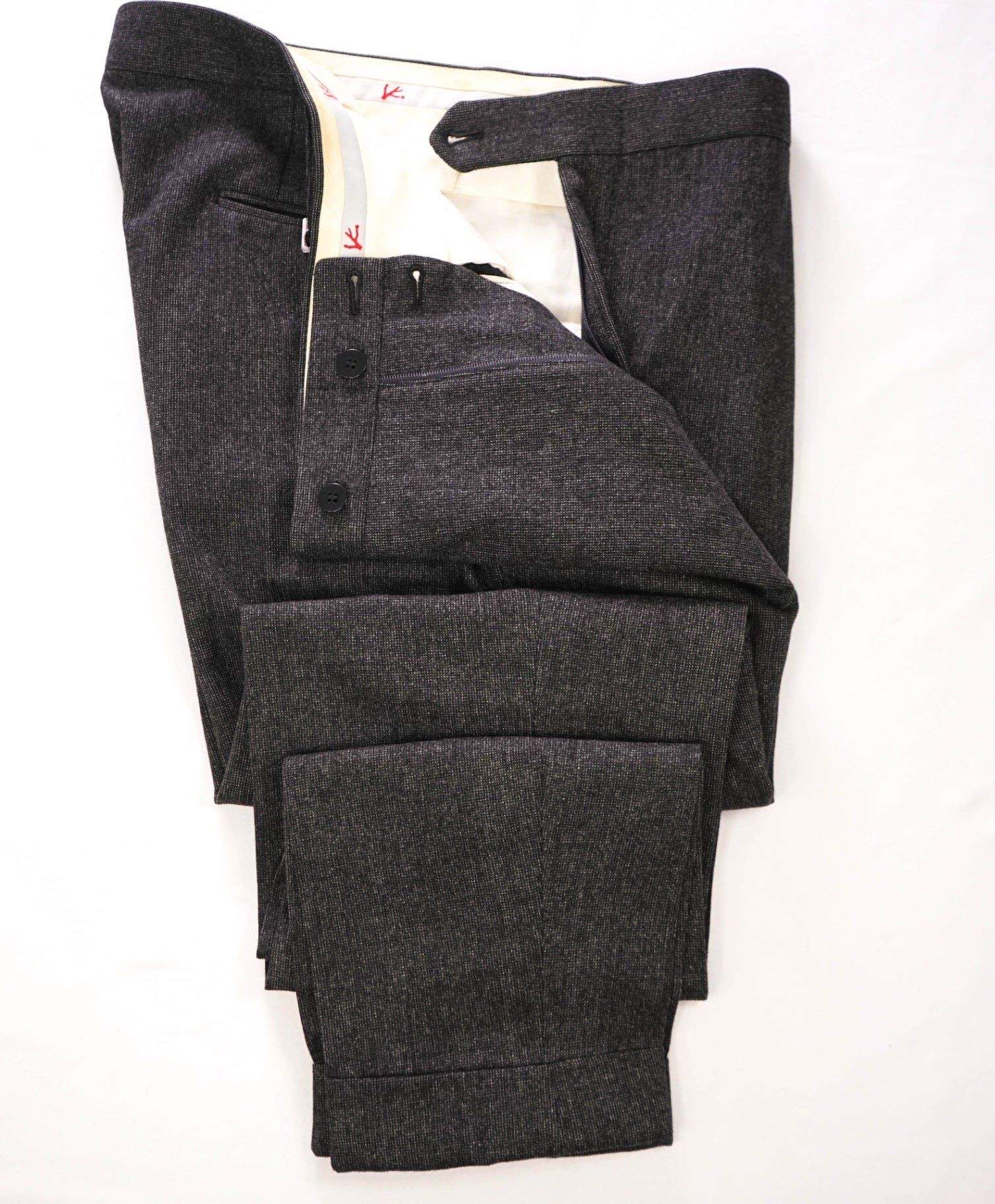 $1,250 ISAIA - Charcoal Heathered 130's Wool Side Tab Pants - 36W