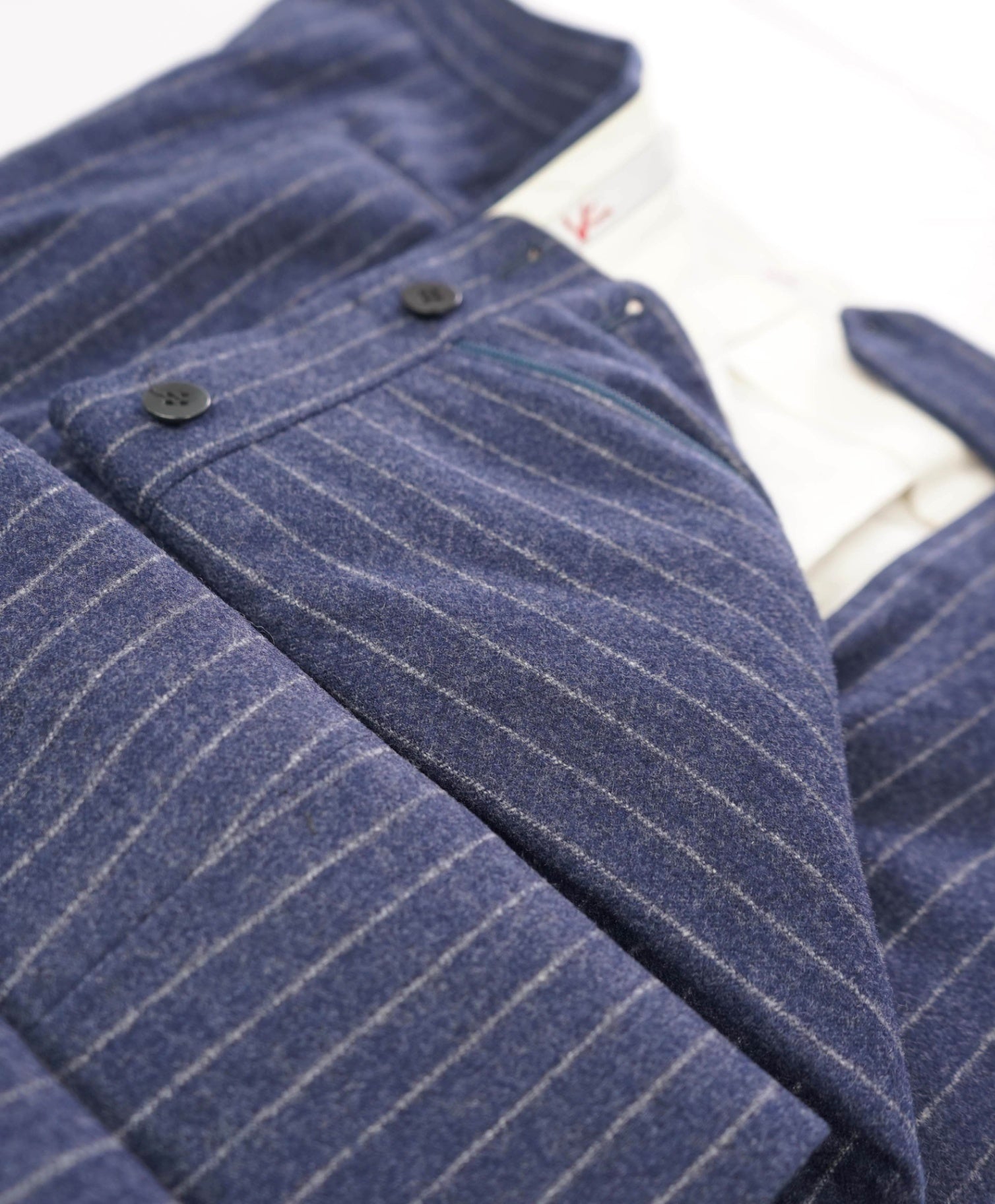 $1,250 ISAIA - Navy Blue Chalk Stripe 130's Wool Extended Tabs Pants - 36W