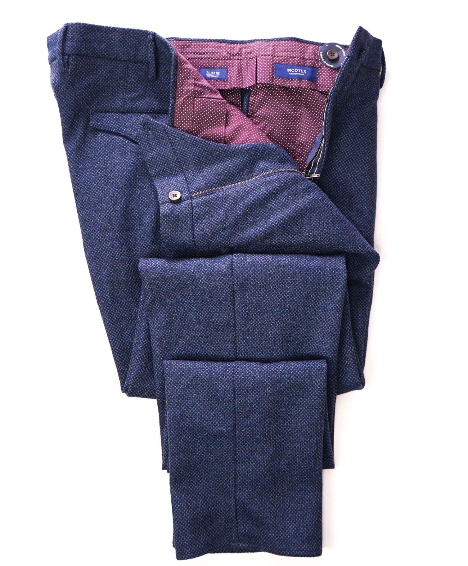 $460 INCOTEX - Diamond Navy Blue Wool Slim Fit Pants - 37W