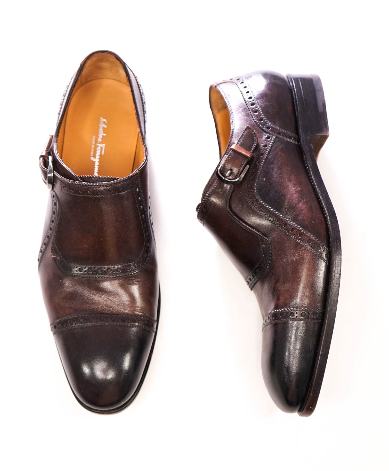 $1,595 FERRAGAMO - "TRAMEZZA" Brown Leather Single Monk - 10 EE