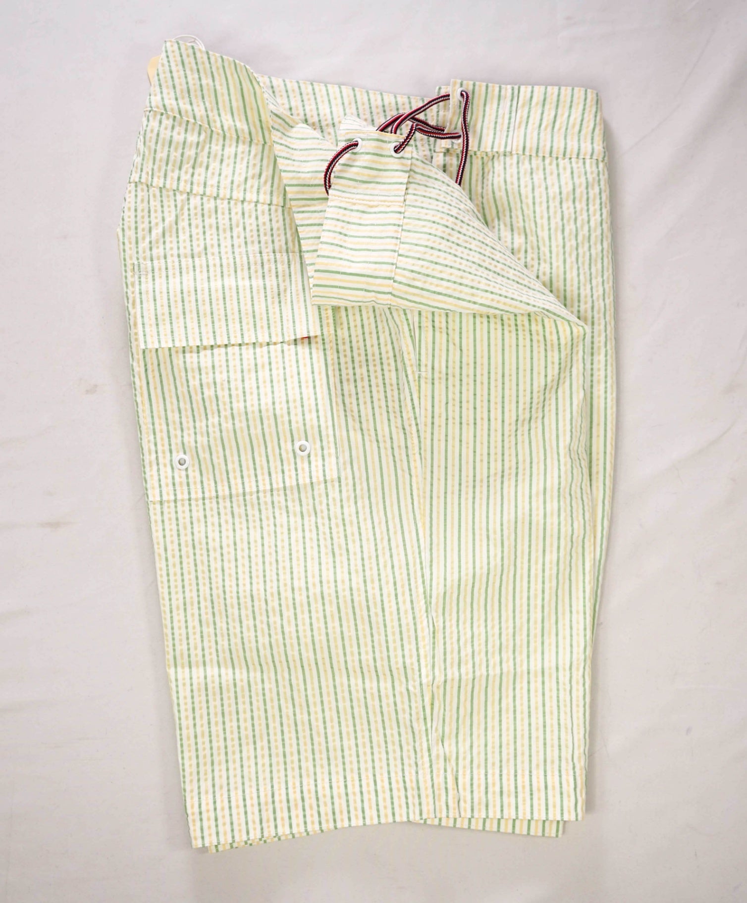 $580 THOM BROWNE - Green/Yellow Summer Stripe Swim Shorts  - M