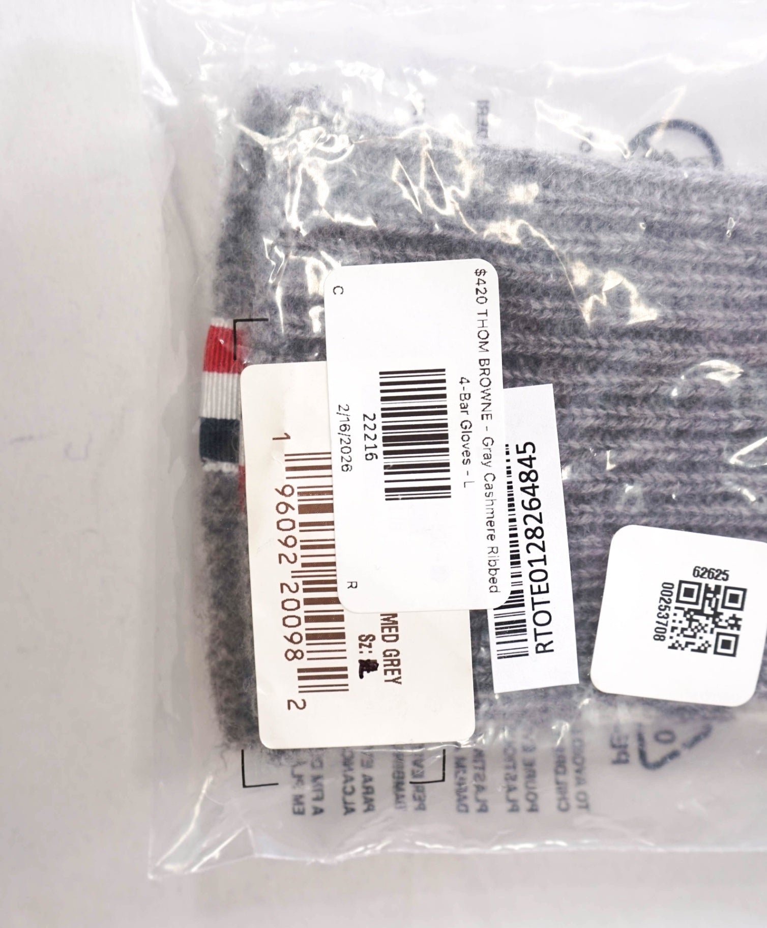 $420 THOM BROWNE - Gray Cashmere Ribbed 4-Bar Gloves - L