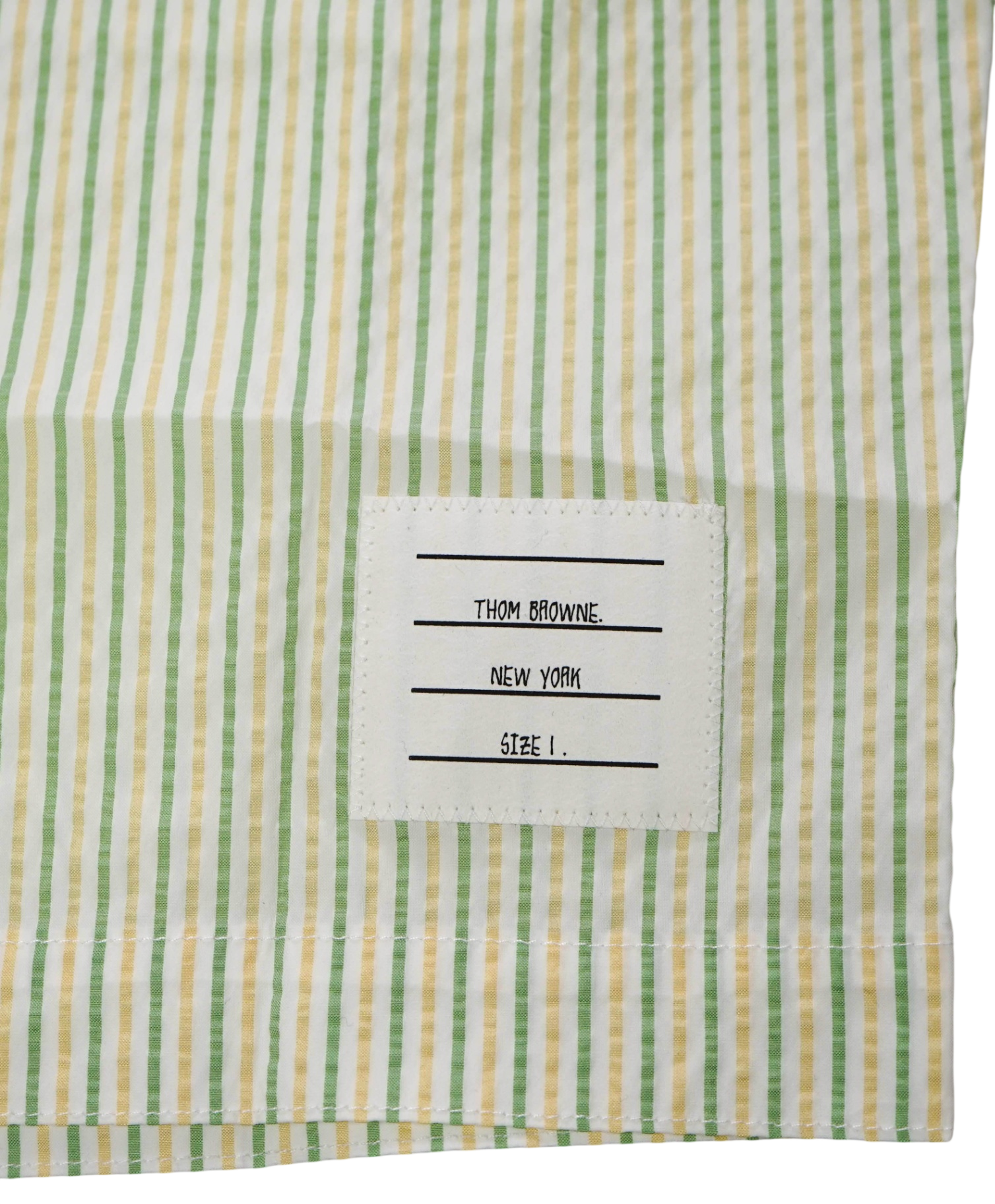 $580 THOM BROWNE - Green/Yellow Summer Stripe Swim Shorts  - M
