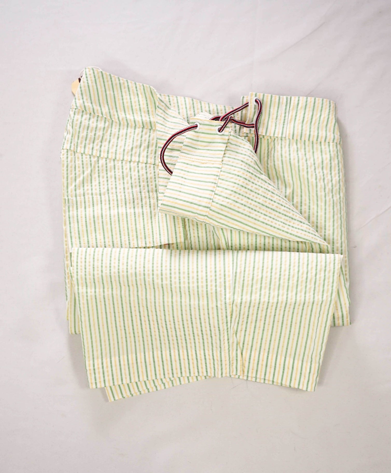 $580 THOM BROWNE - Green/Yellow Summer Stripe Swim Shorts  - M