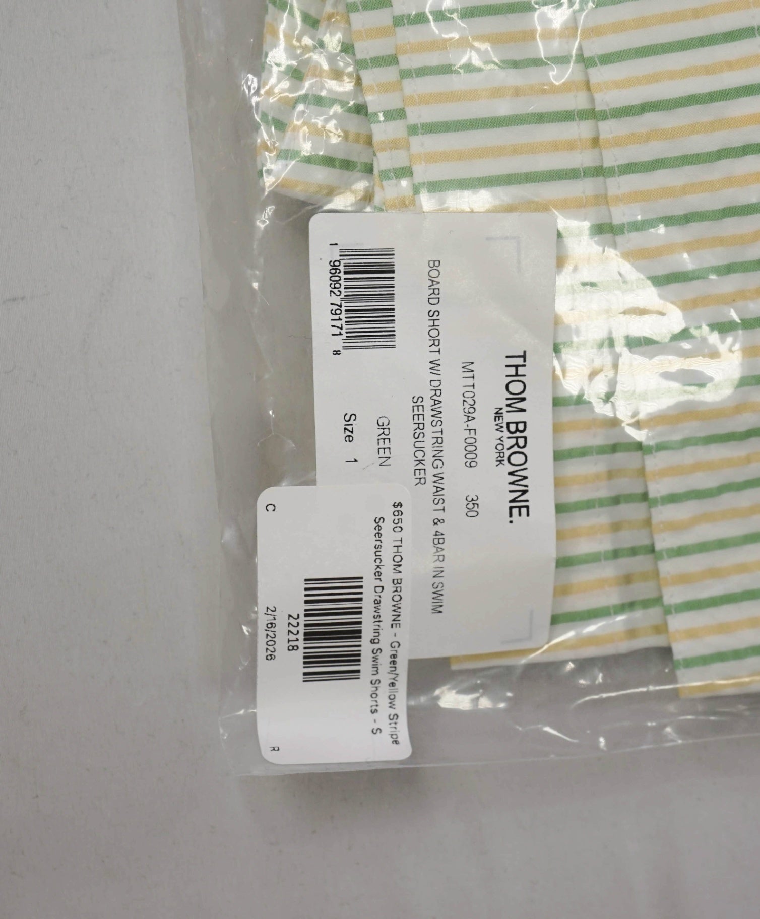 $580 THOM BROWNE - Green/Yellow Summer Stripe Swim Shorts  - M