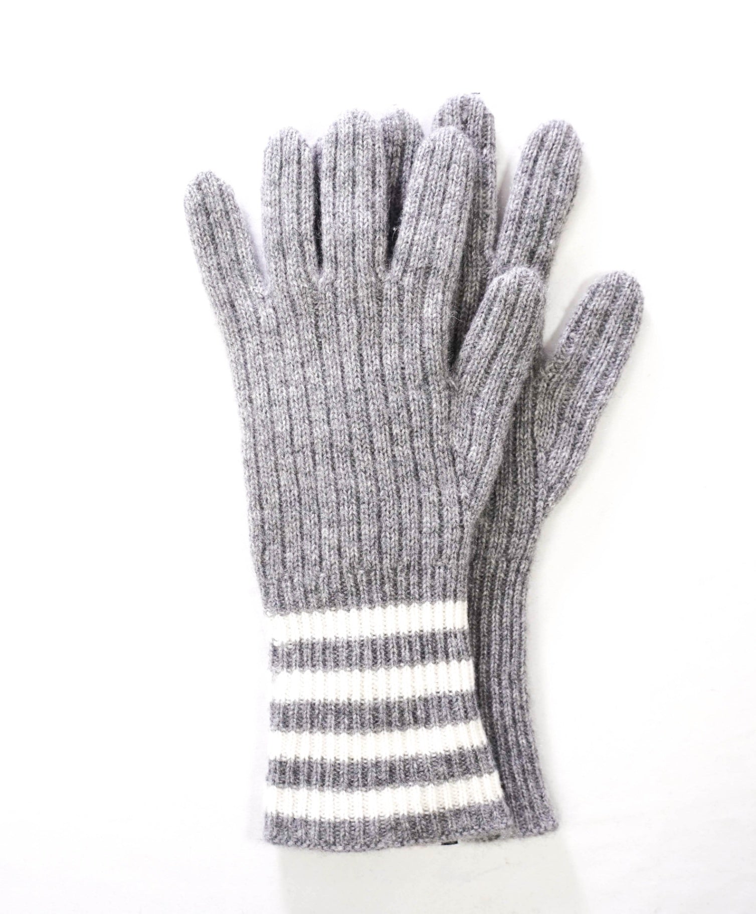 $420 THOM BROWNE - Gray Cashmere Ribbed 4-Bar Gloves - L