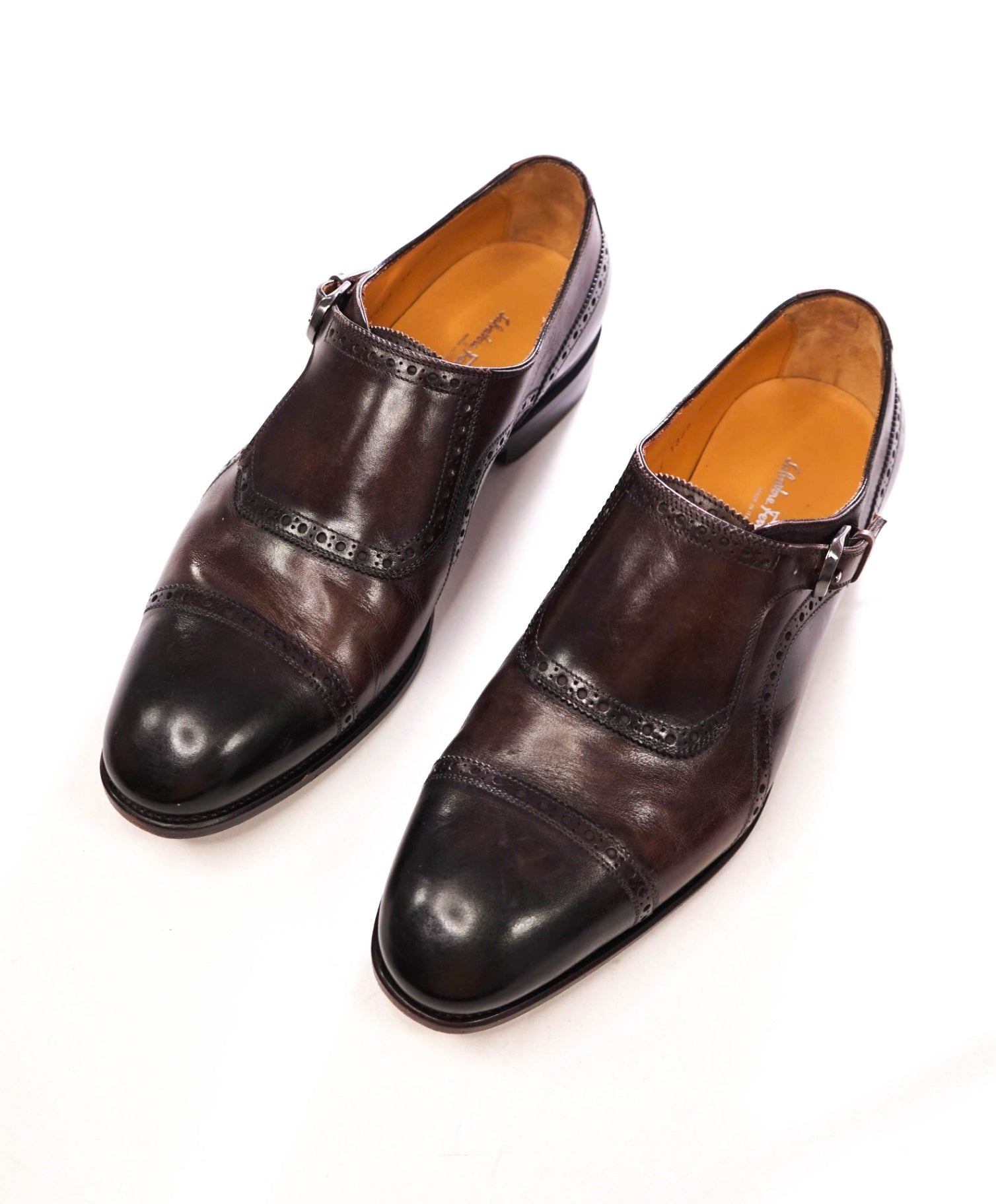 $1,595 FERRAGAMO - "TRAMEZZA" Brown Leather Single Monk - 10 EE