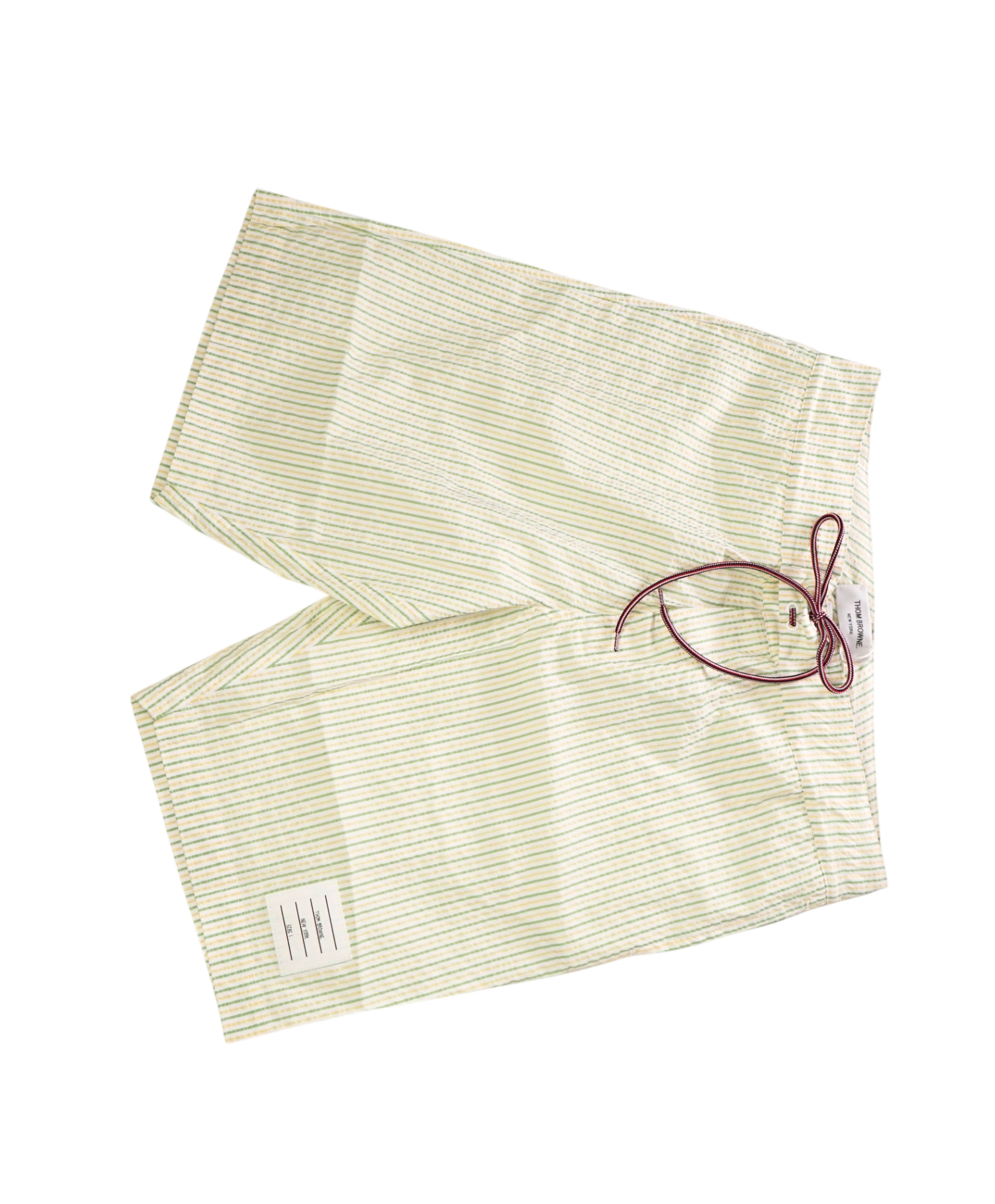 $580 THOM BROWNE - Green/Yellow Summer Stripe Swim Shorts  - M