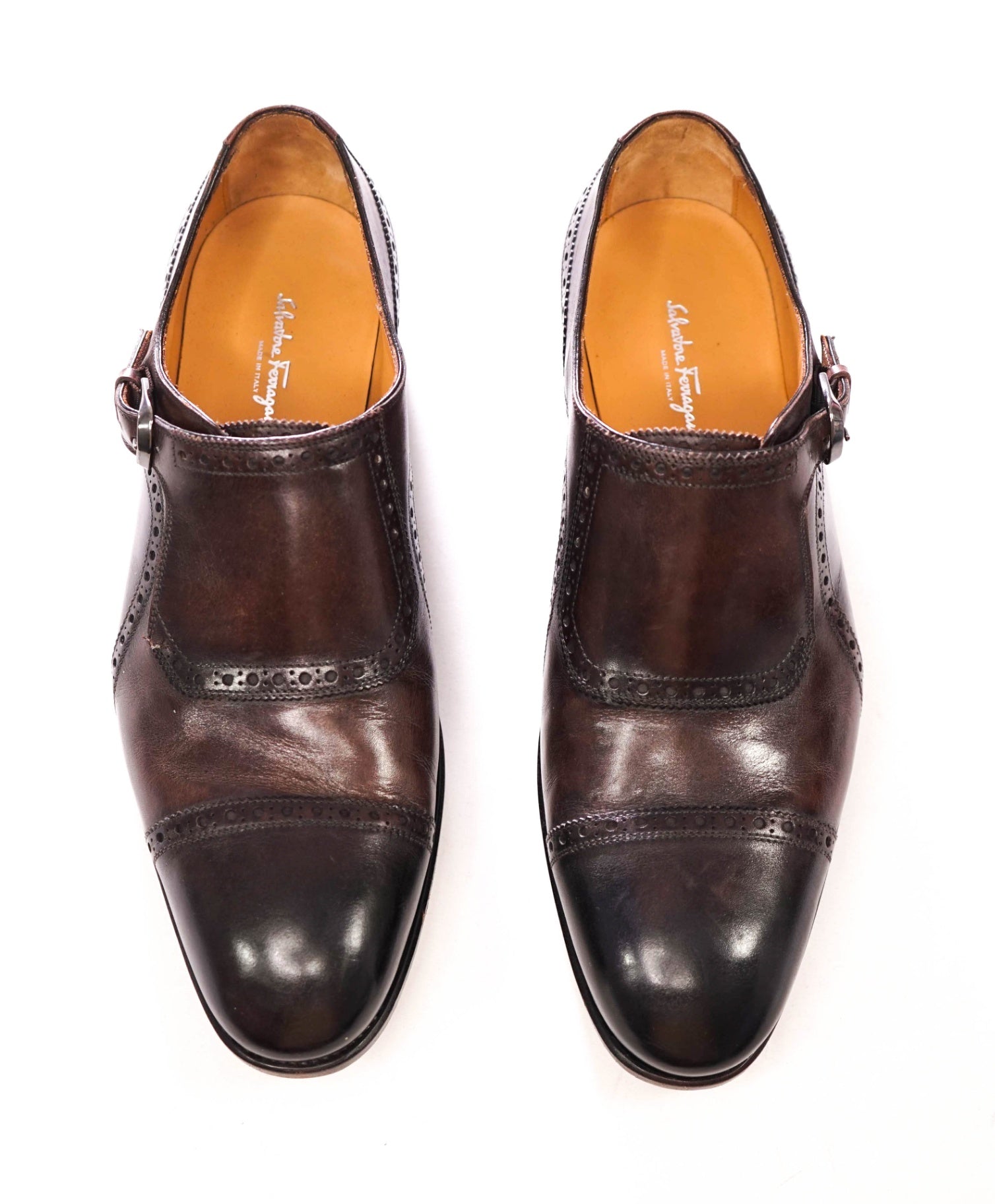 $1,595 FERRAGAMO - "TRAMEZZA" Brown Leather Single Monk - 10 EE