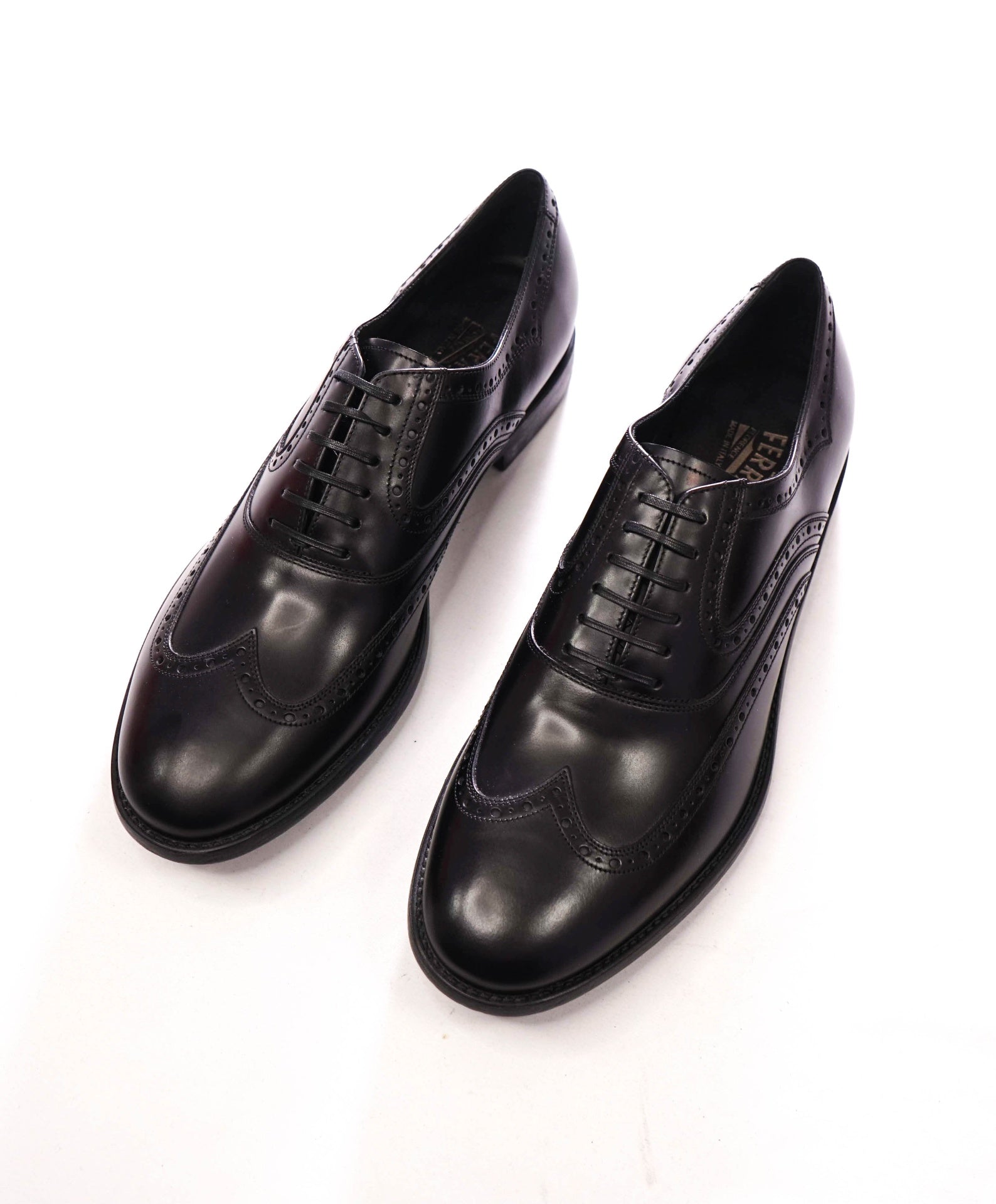 $850 FERRAGAMO - Black Leather Wingtip Oxfords - 10.5 D