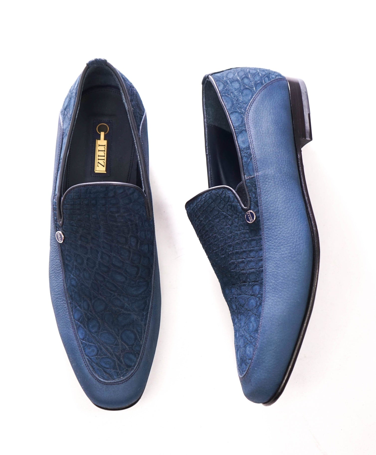 $1,500 ZILLI - Navy Blue Suede Croc Print Loafers - 10US (9UK 42EU)