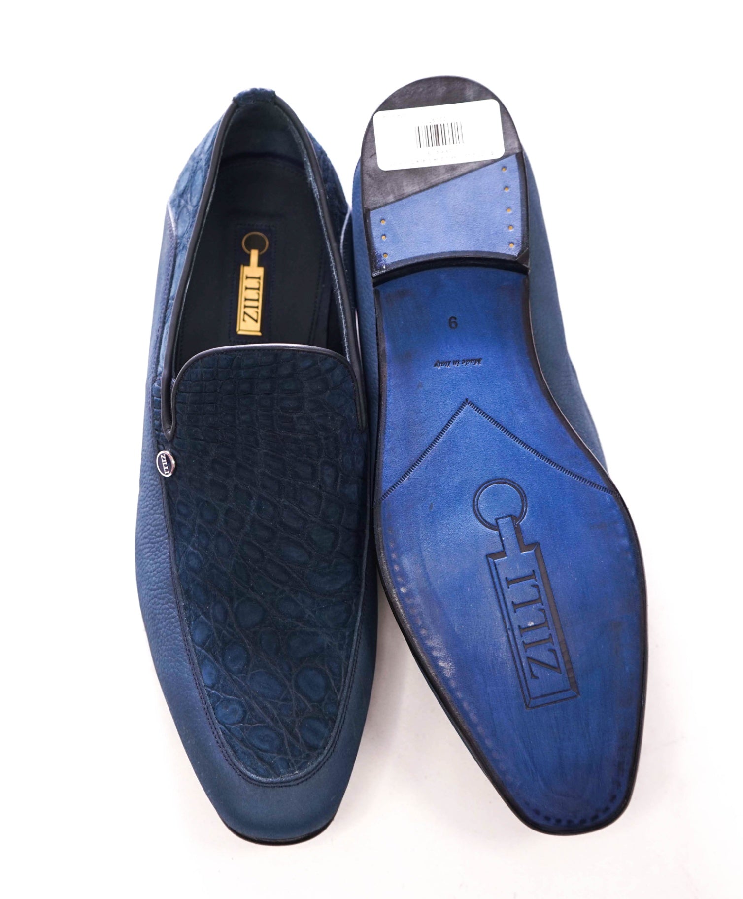 $1,500 ZILLI - Navy Blue Suede Croc Print Loafers - 10US (9UK 42EU)