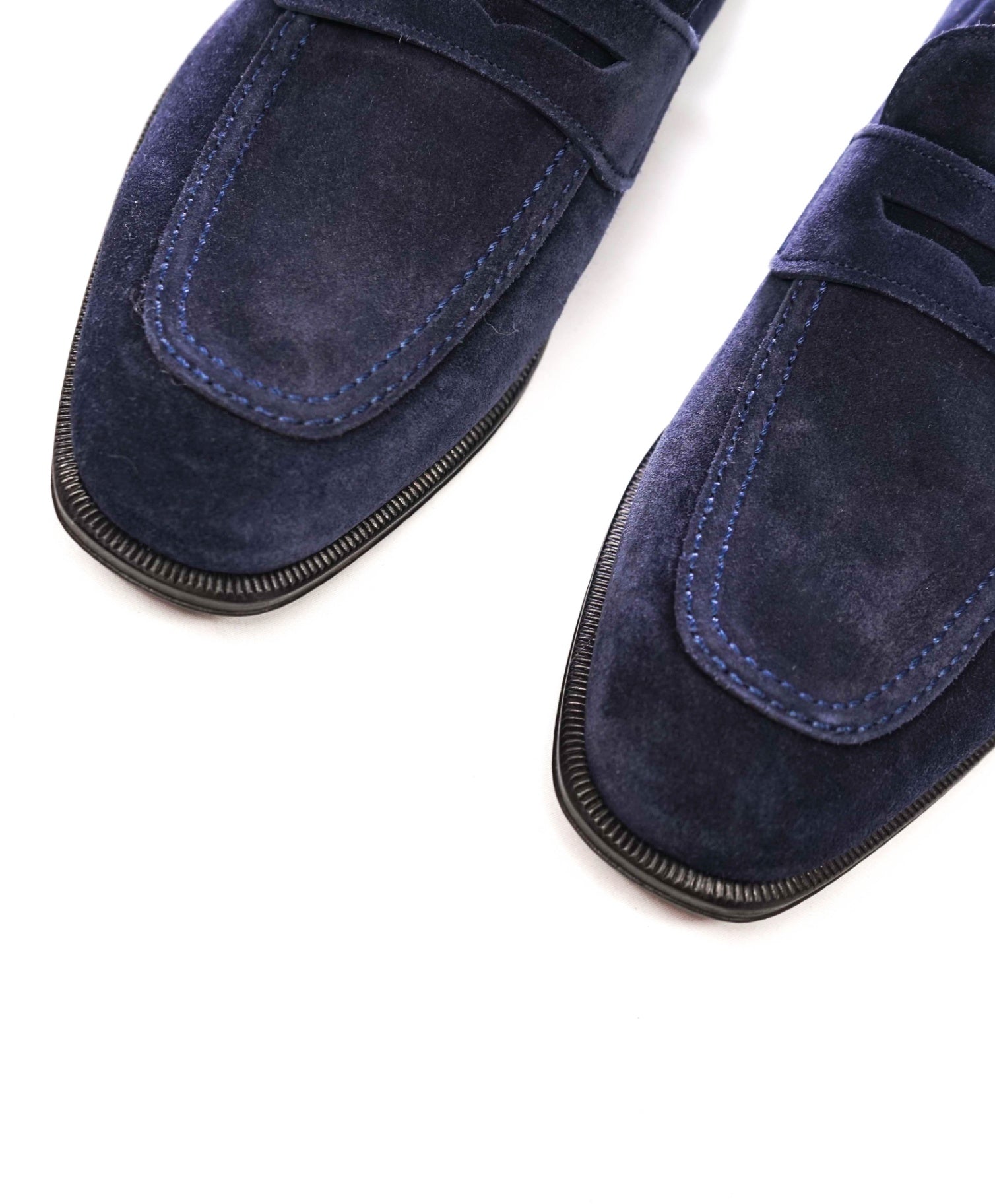 $795 FERRAGAMO - "STREET" Navy Blue Suede Penny Loafers - 8 EE