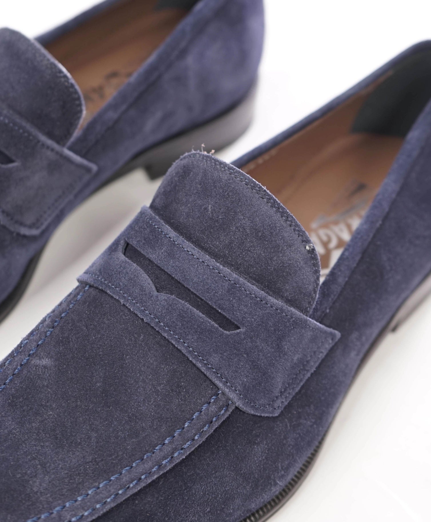 $795 FERRAGAMO - "STREET" Navy Blue Suede Penny Loafers - 8 EE