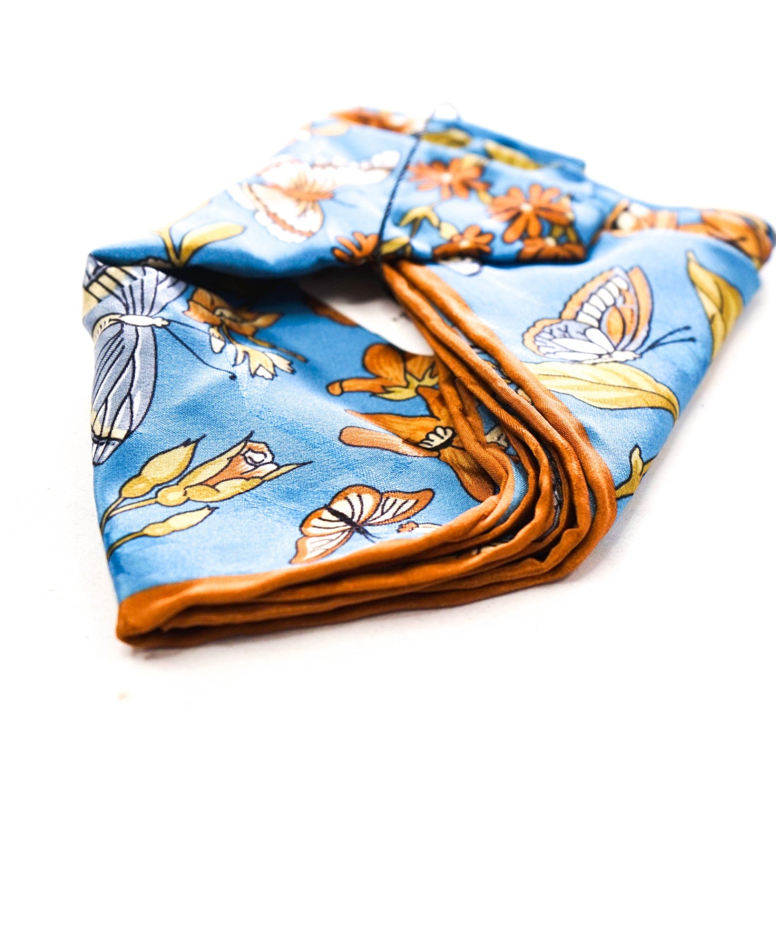 N/A - Blue Floral/Butterfly Pattern Silk Pocket Square - Pre-Folded