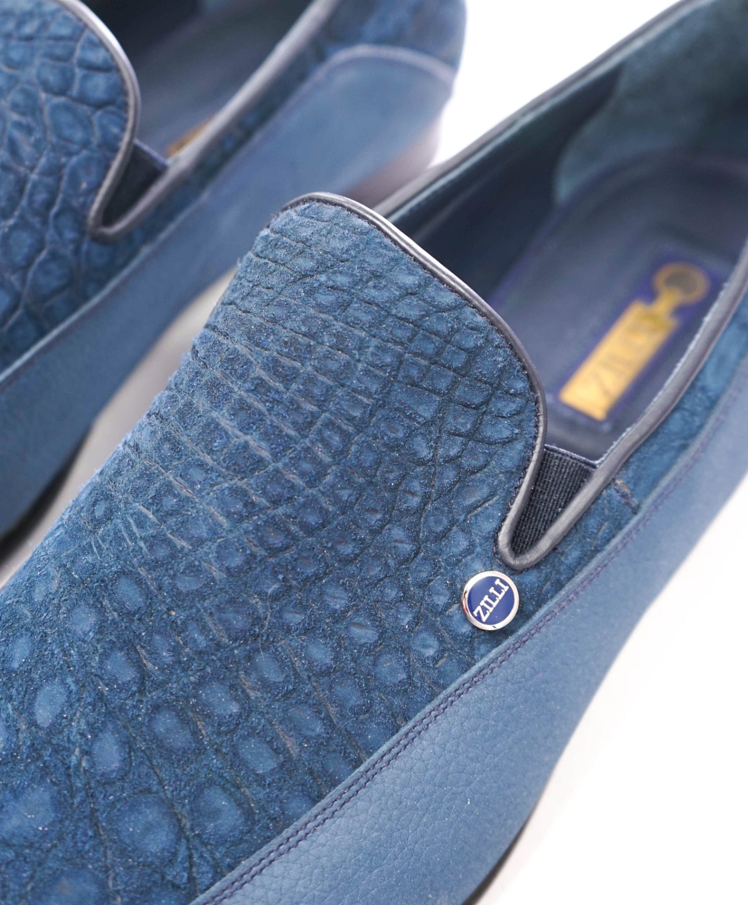 $1,500 ZILLI - Navy Blue Suede Croc Print Loafers - 10US (9UK 42EU)