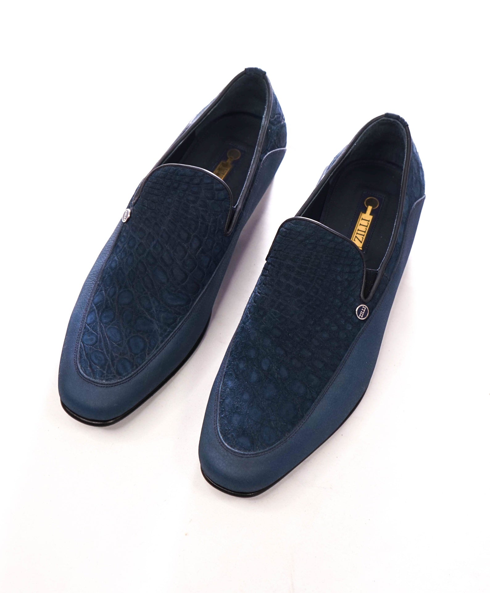 $1,500 ZILLI - Navy Blue Suede Croc Print Loafers - 10US (9UK 42EU)