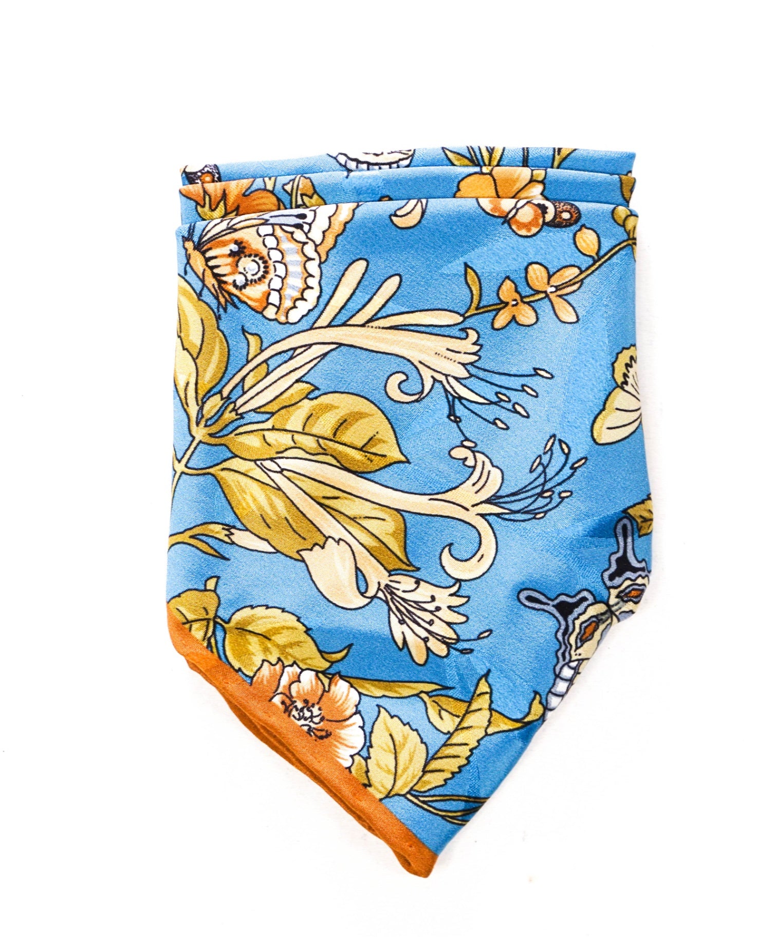 N/A - Blue Floral/Butterfly Pattern Silk Pocket Square - Pre-Folded