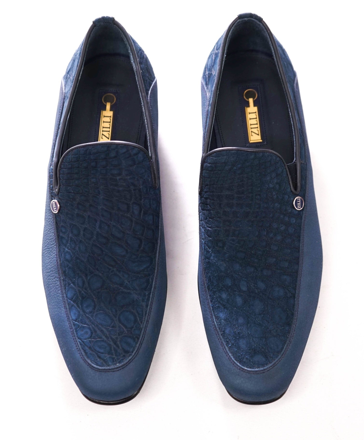 $1,500 ZILLI - Navy Blue Suede Croc Print Loafers - 10US (9UK 42EU)