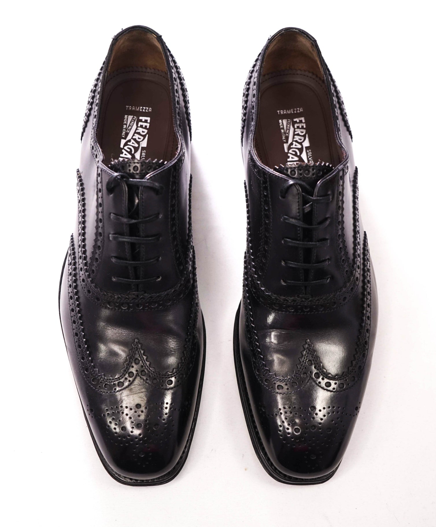 $1,295 FERRAGAMO - Black Leather "TRAMEZZA" Wingtip Oxfords - 10 EE