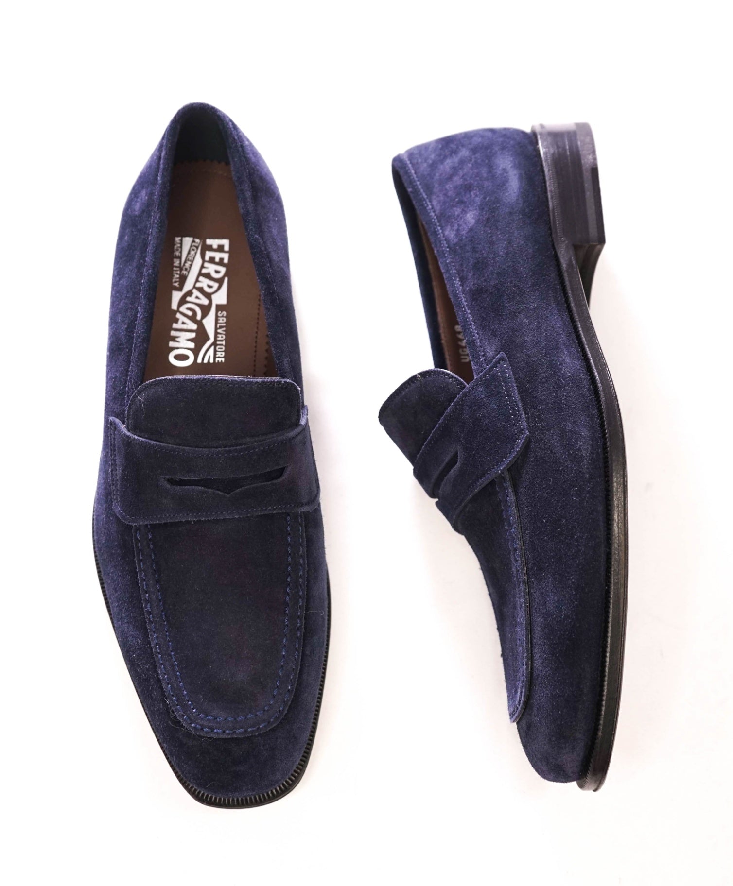 $795 FERRAGAMO - "STREET" Navy Blue Suede Penny Loafers - 8 EE