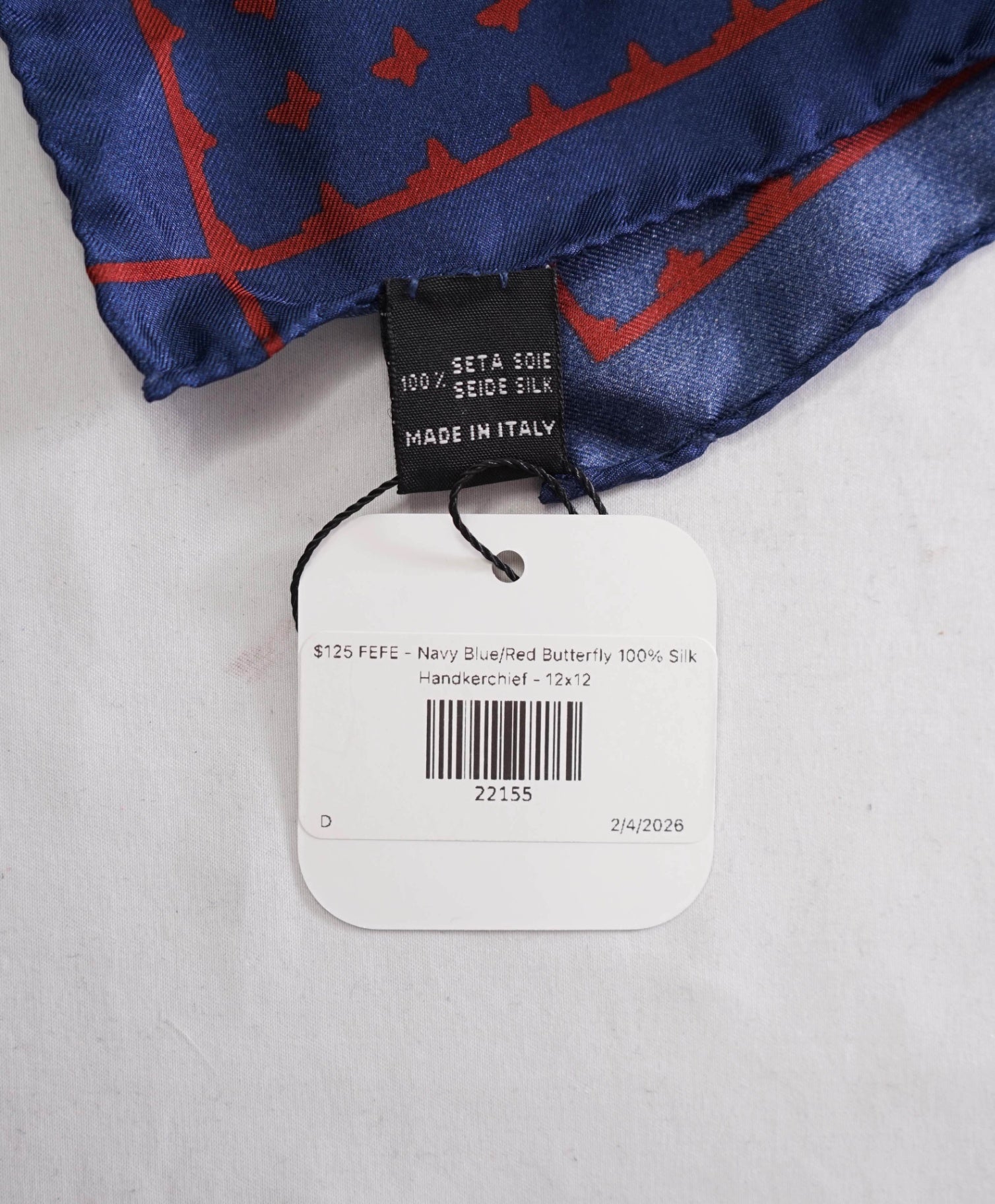 $125 FEFE - Navy Blue/Red Butterfly 100% Silk Handkerchief - 12x12