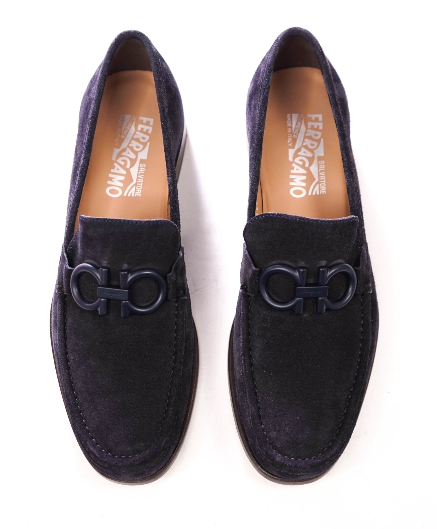 $850 FERRAGAMO - "ROLO 6" Navy Blue Suede Loafers - 8 E