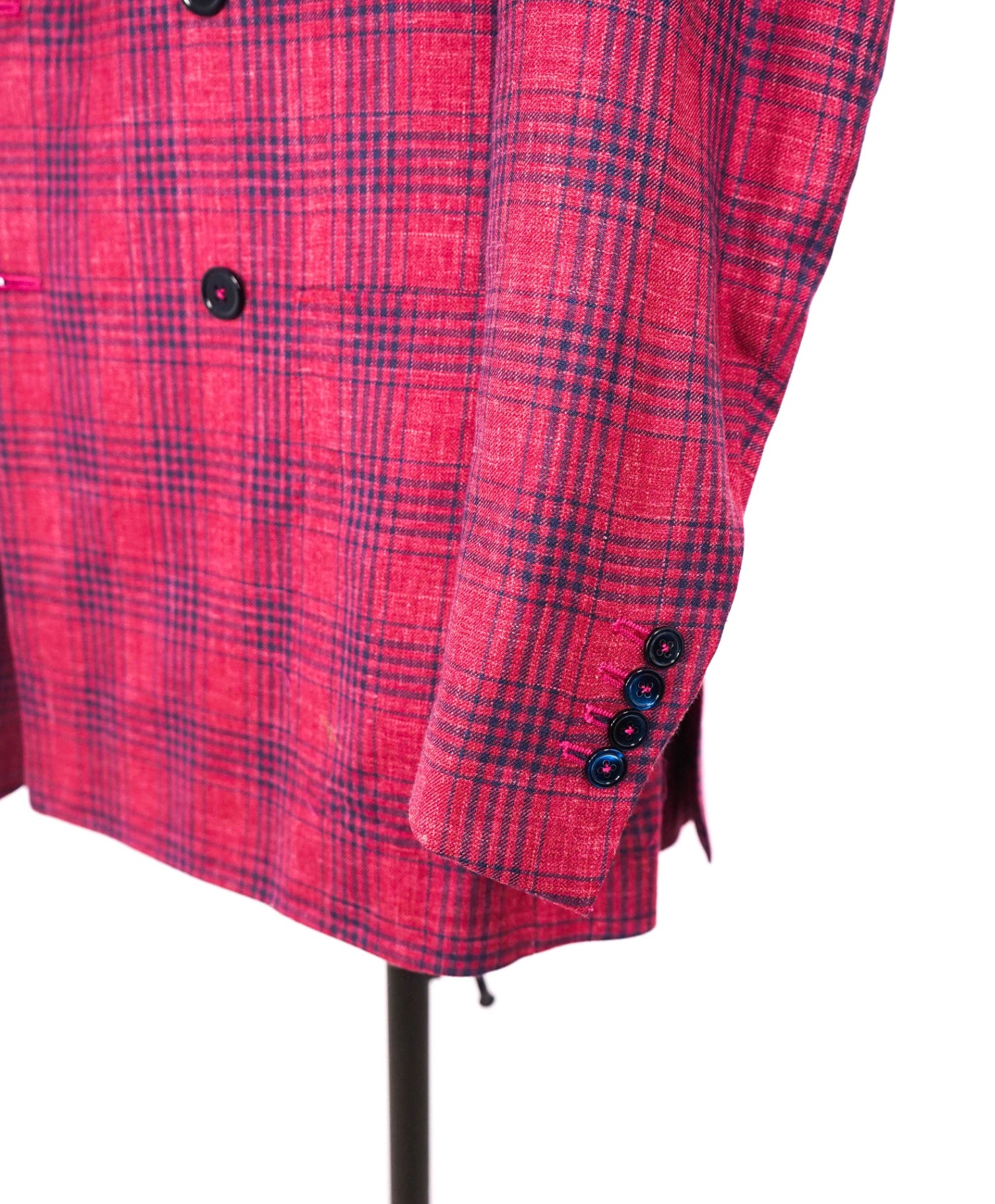 $5,225 ISAIA - Red/Blue Plaid Wool/Silk/Linen Double Breasted Blazer - 36R