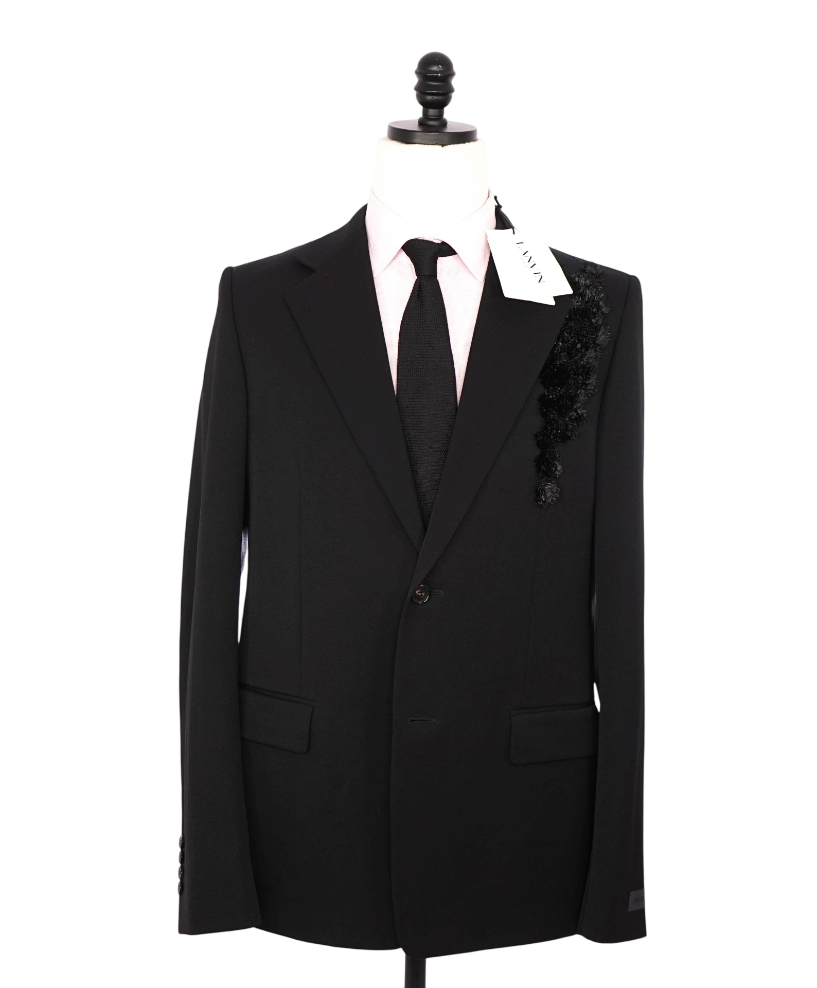 $3,550 LAVIN - Solid Black Embellished Applique Wool Dinner Jacket - 40R