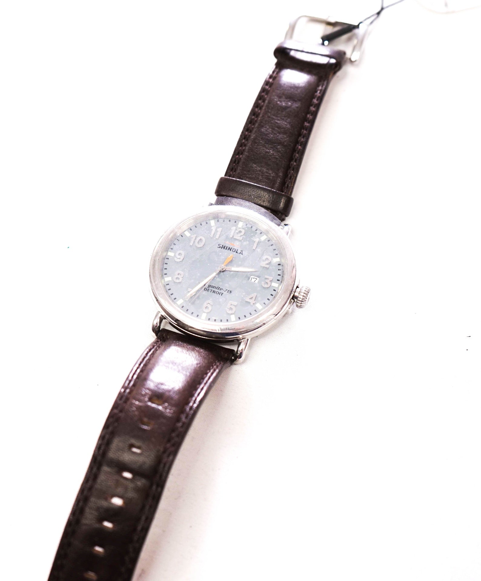 $750 SHINOLA - "Argonite-715" Gray/Brown Leather Steel Watch