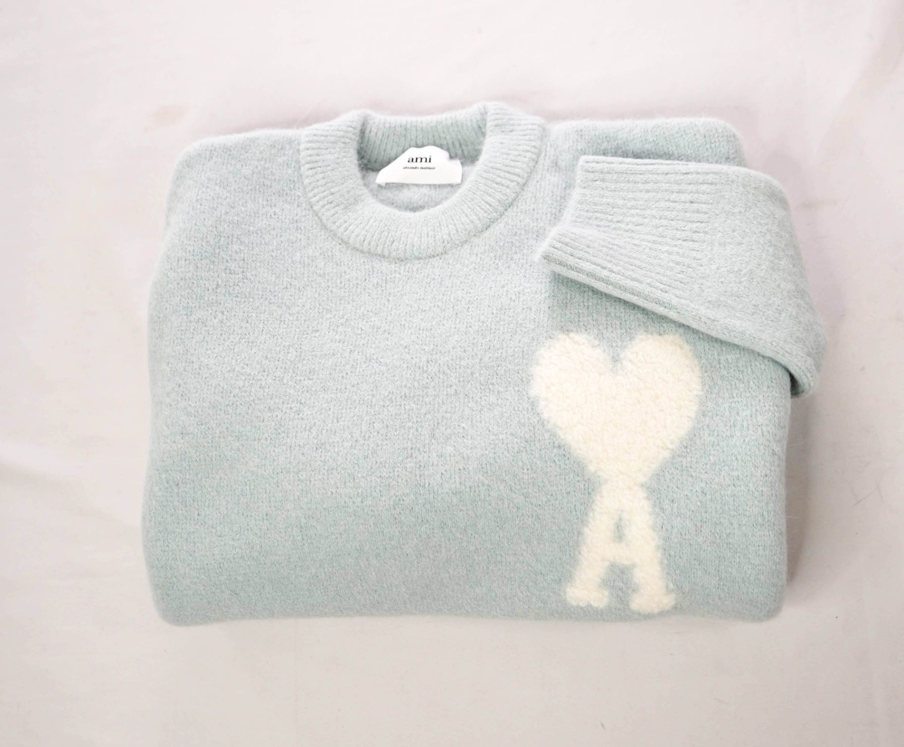 $685 AMI - Light Blue Alpaca/Wool Crew Neck Sweater - XL