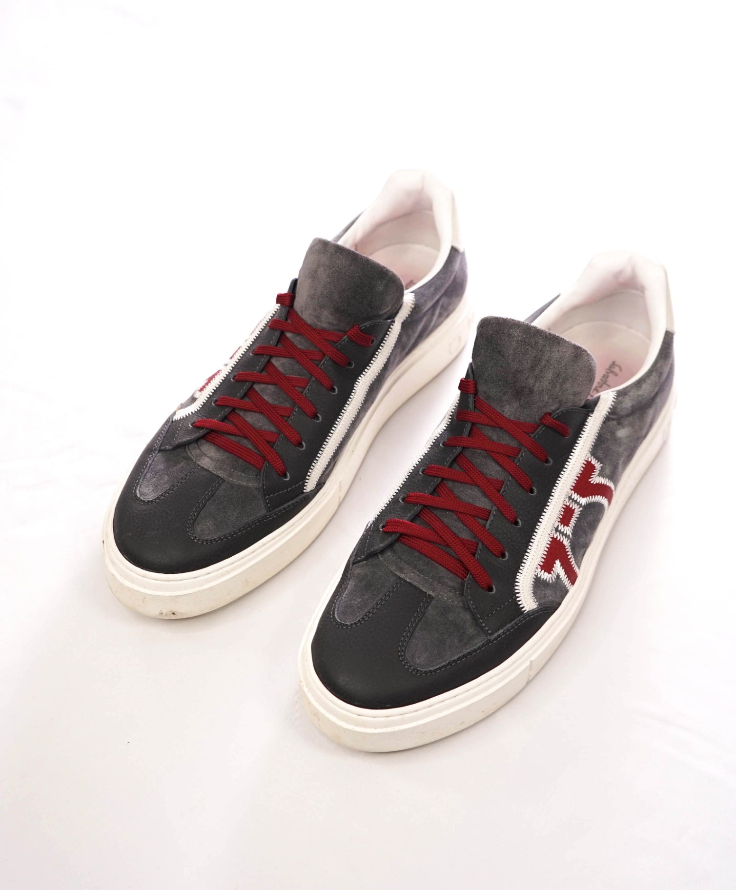 $795 FERRAGAMO - Gray/Red Suede/Leather Sneakers - 12 M