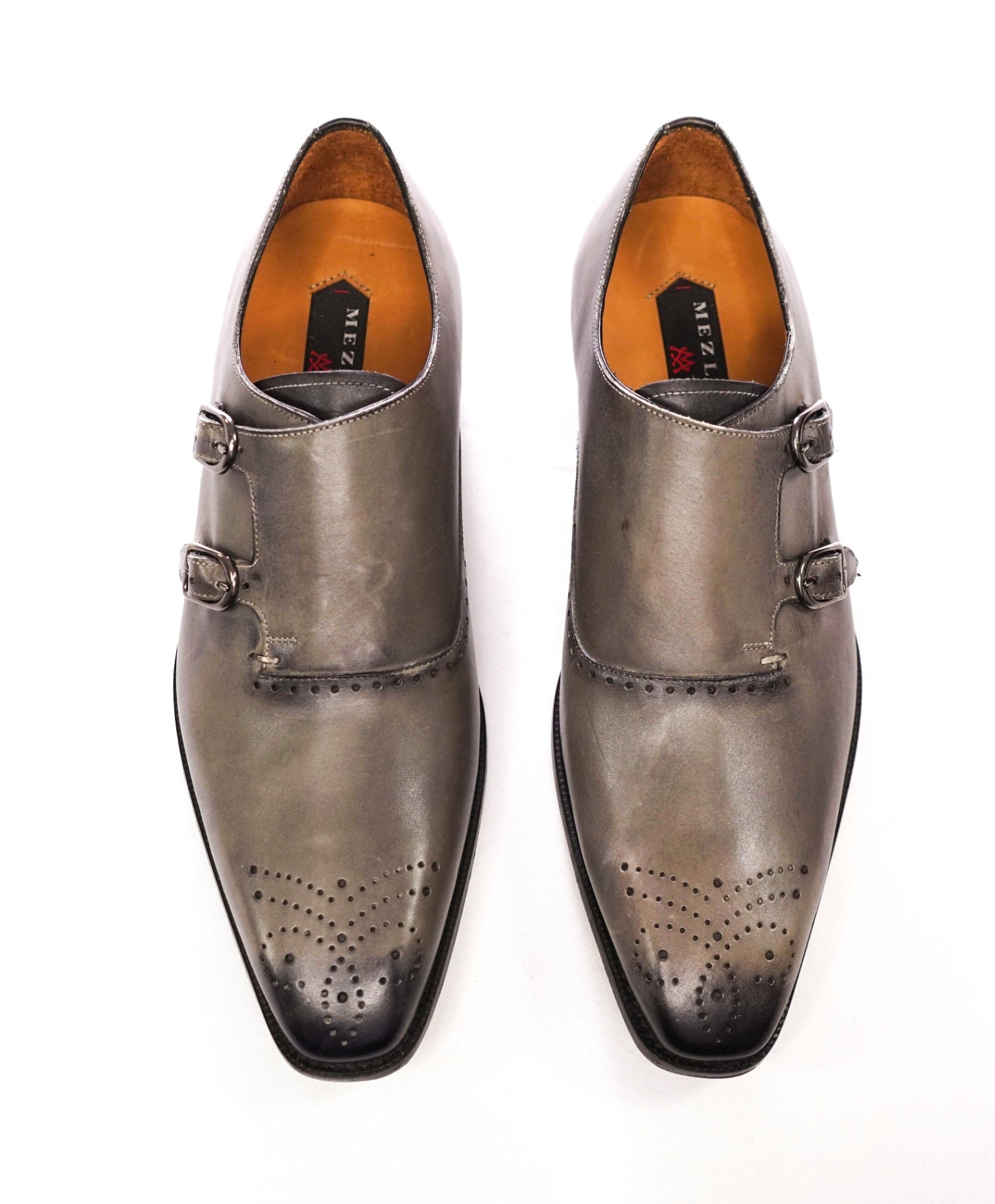 $500 MEZLAN - Gray Leather Double Monk Straps - 11 M