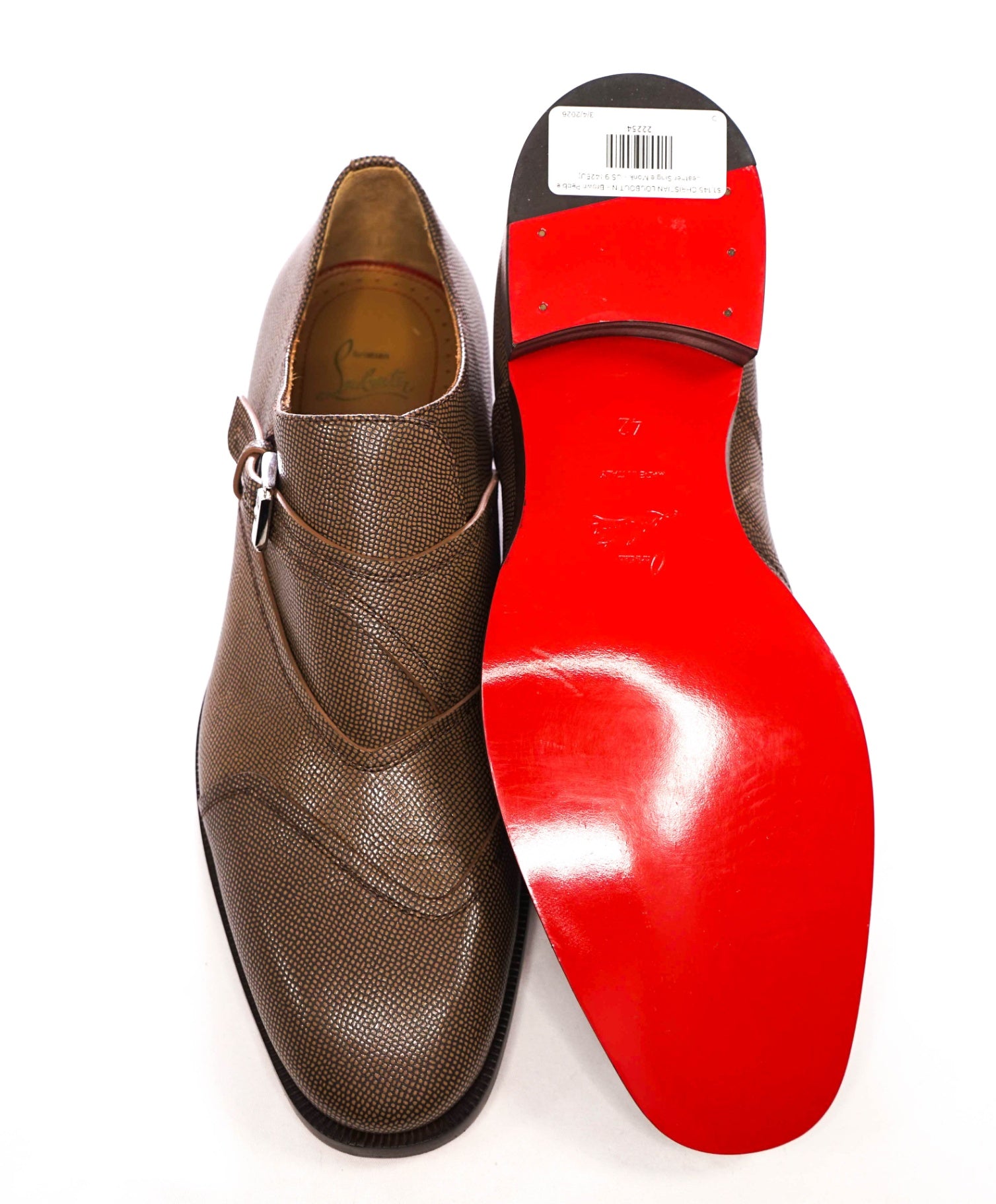 $1,145 CHRISTIAN LOUBOUTIN - Brown Pebble Leather Single Monk - US 9 (42EU)