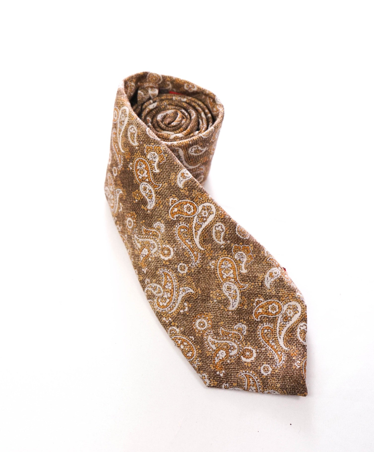 $295 ISAIA - "7 FOLD" Light Brown Paisley Wool/Silk 3.25" Tie