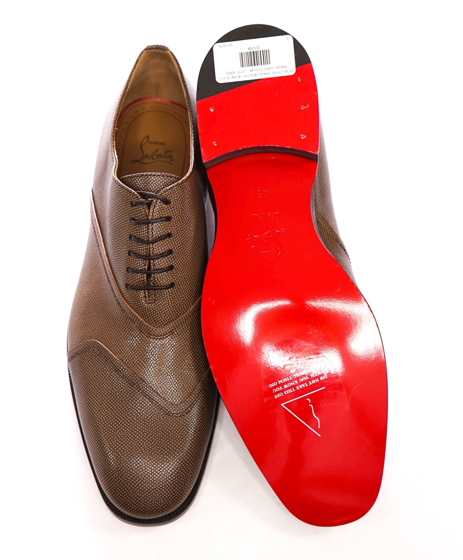 $1,145 CHRISTIAN LOUBOUTIN - BOABI Brown Pebble Leather Oxfords - US 12 (45EU)