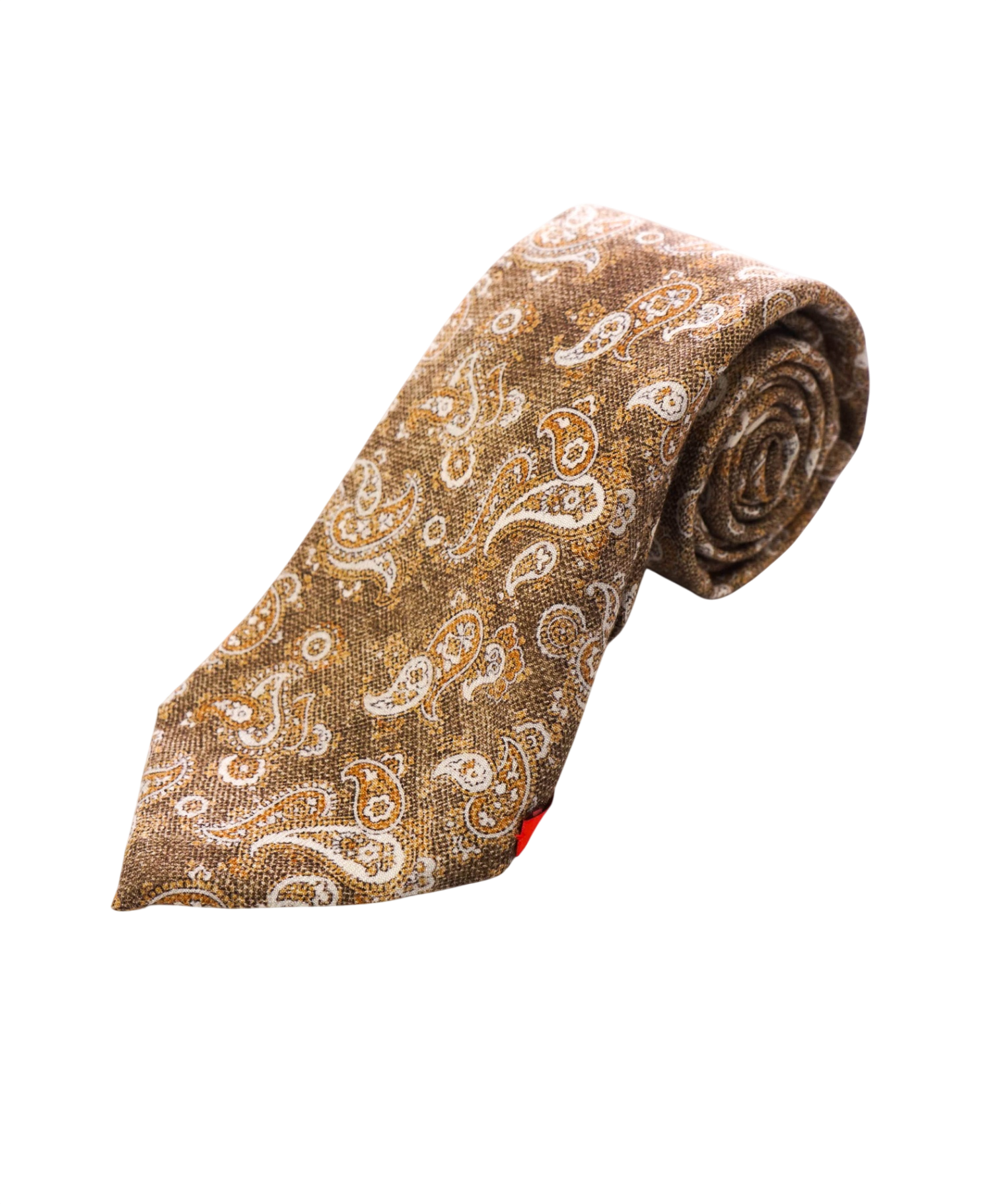 $295 ISAIA - "7 FOLD" Light Brown Paisley Wool/Silk 3.25" Tie